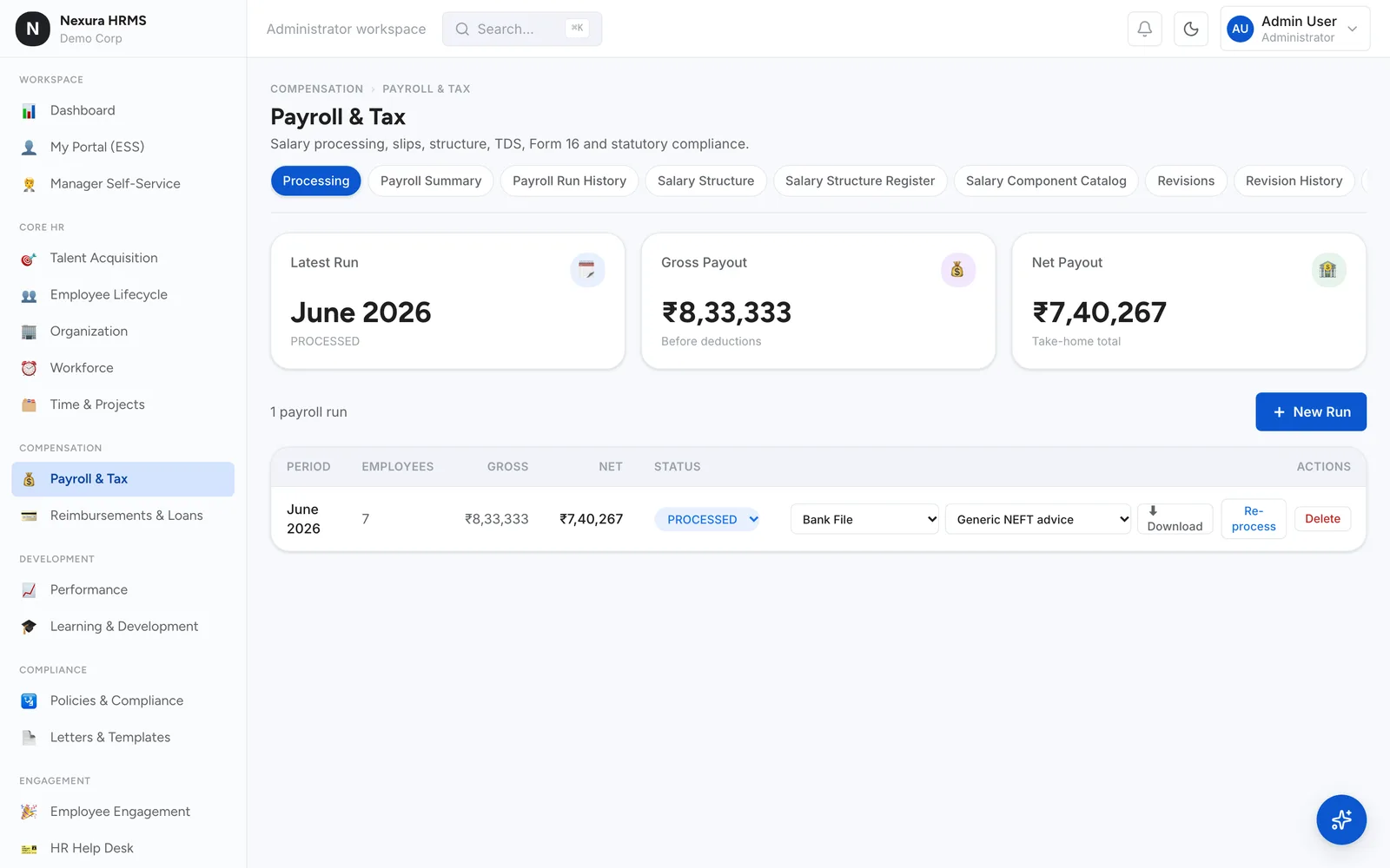 Nexura HRMS payroll screen showing the June 2026 run with gross and net payout